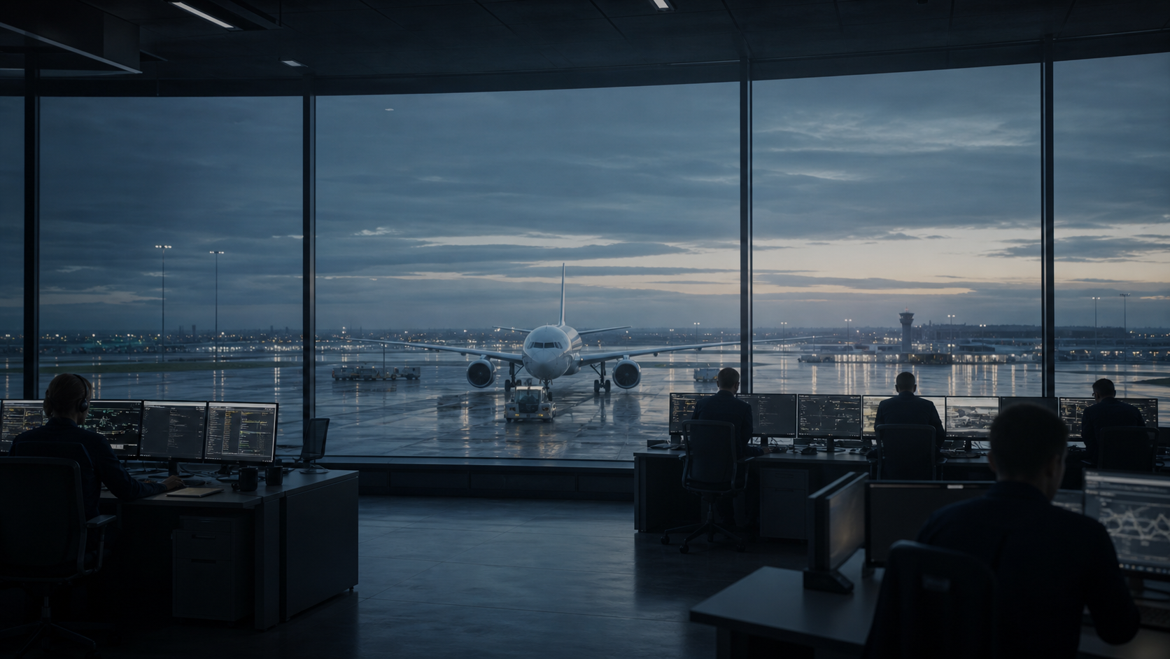 An airplane seen through the windows of an aviation operations room